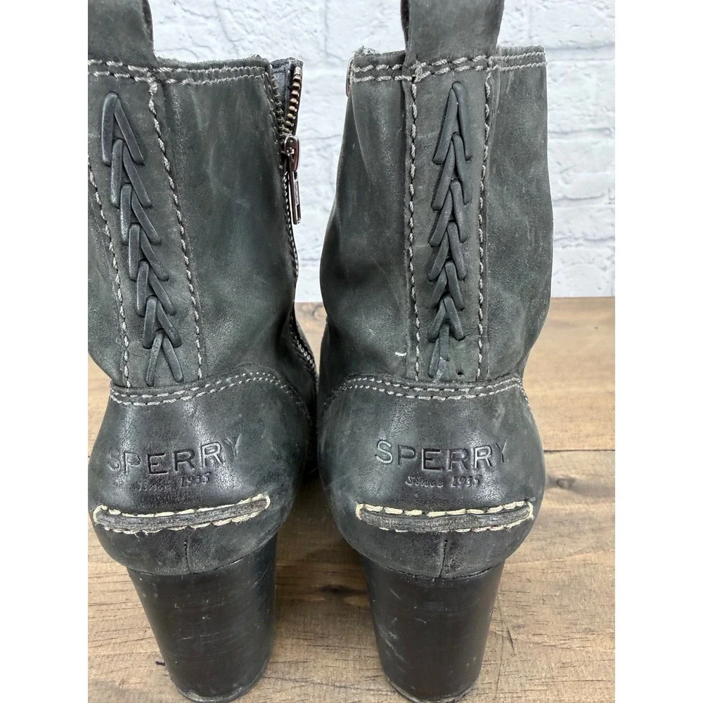 Sperry Top-Sider Dasher Grace Black Leather Ankle Booties Heeled Moto Boots 10